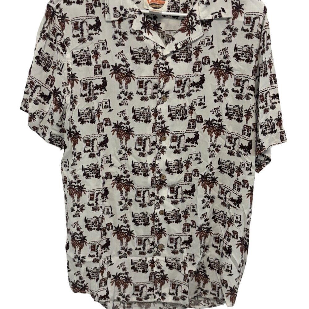 Men's C&C California Brown and White Palm Print Rayon Shirt.  Size M